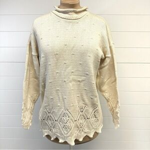 Vintage Maban of Scotland 100% Ivory Cotton Crochet Knit Long Sleeve Sweater Lg